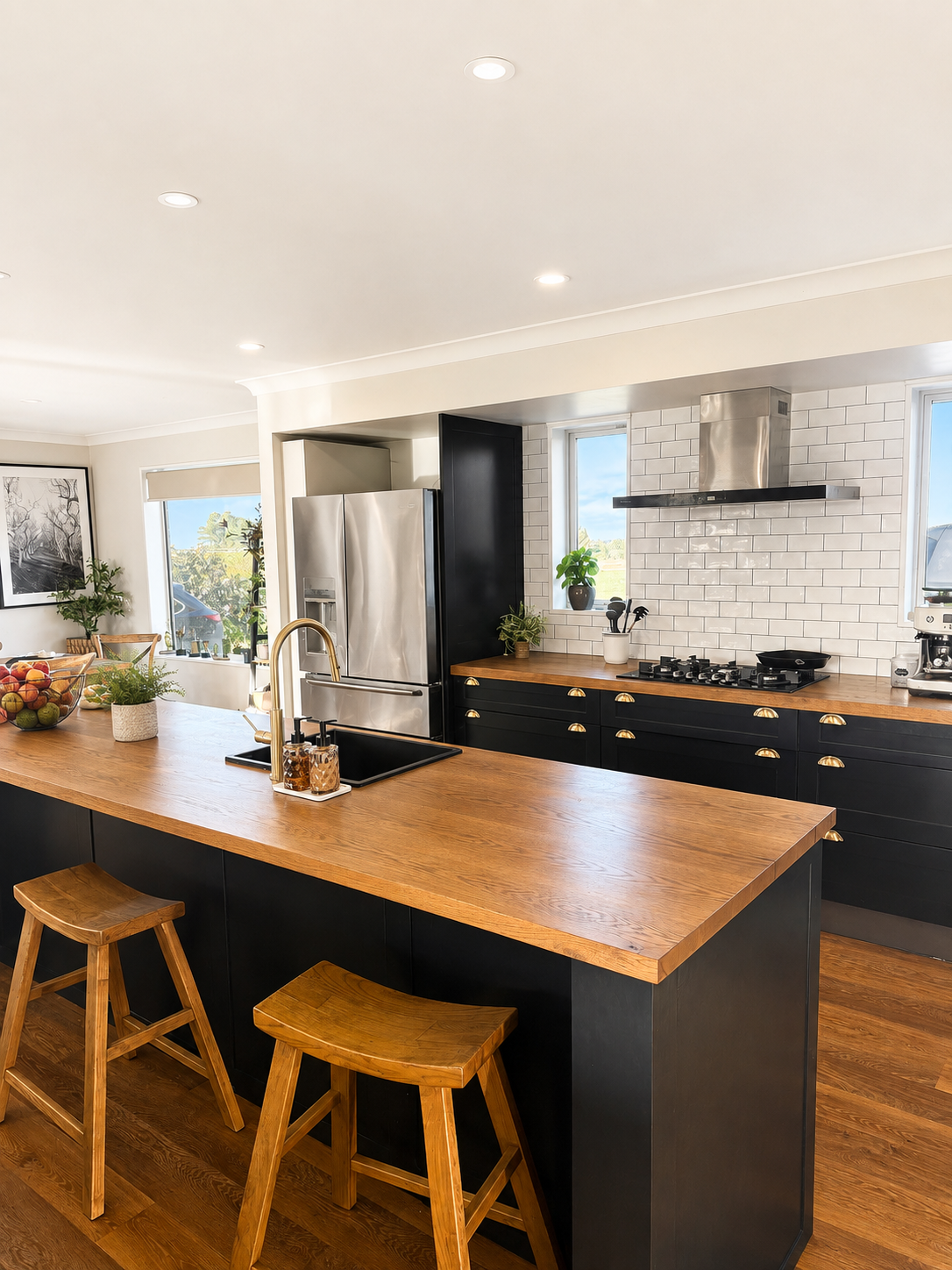 Timber kitchen island with dark repurposed cabinetry, farmhouse stools and brass tapware